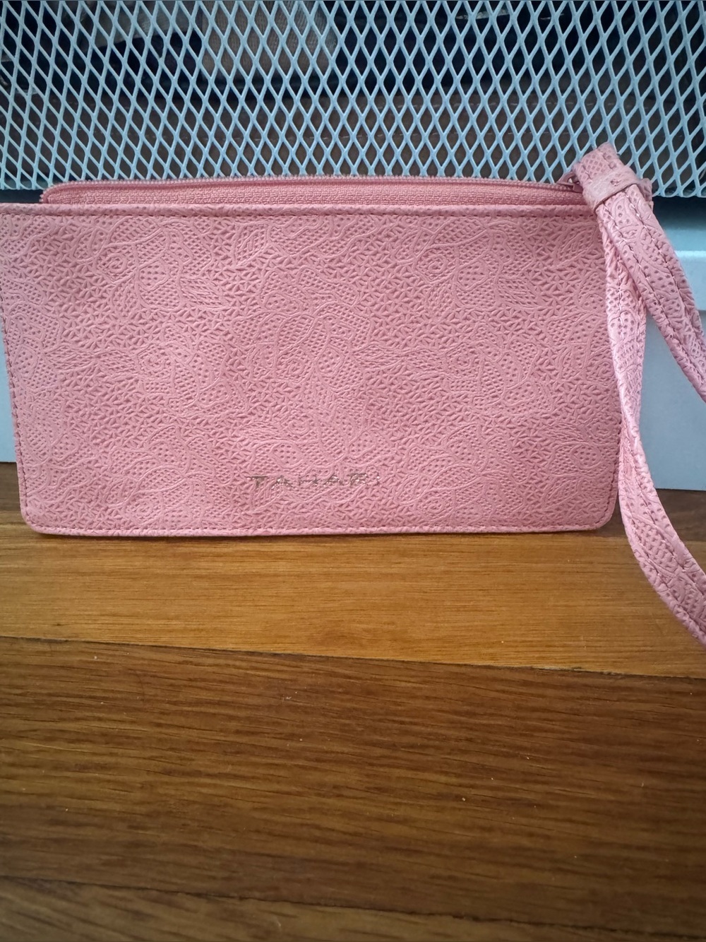 Tahari Light Pink Lace Embossed Leather Wristlet Pouch Clutch New